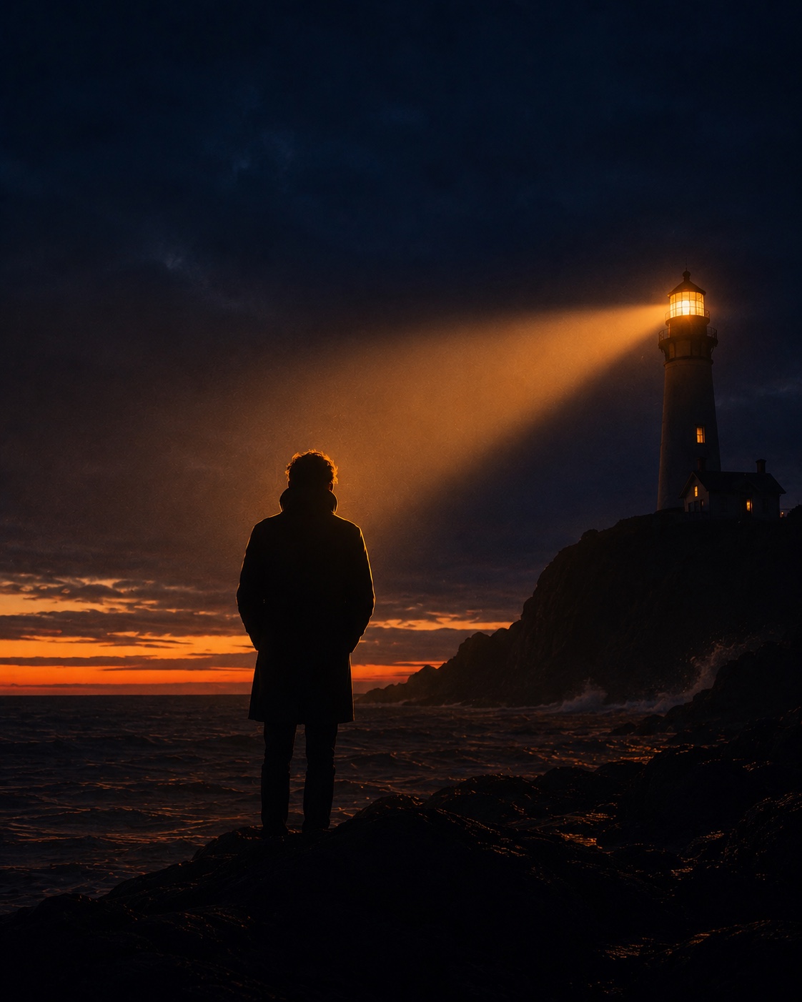 Stilisierte Leuchtturm-Silhouette in der Abenddämmerung, das visuelle Signet von NetLabs.